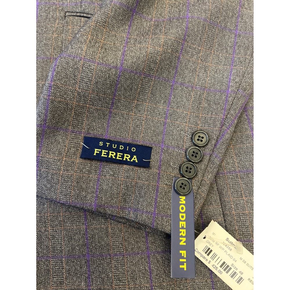 Studio Ferera Grey Plaid Modern Fit Suit Blazer Men's 48R